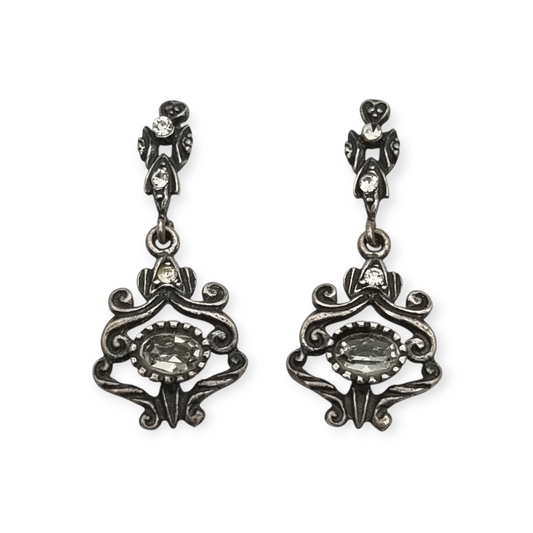 Pendientes de plata con pedrería blanca regionales, estilo barroco revival años 70