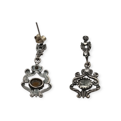 Pendientes de plata con pedrería blanca regionales, estilo barroco revival años 70