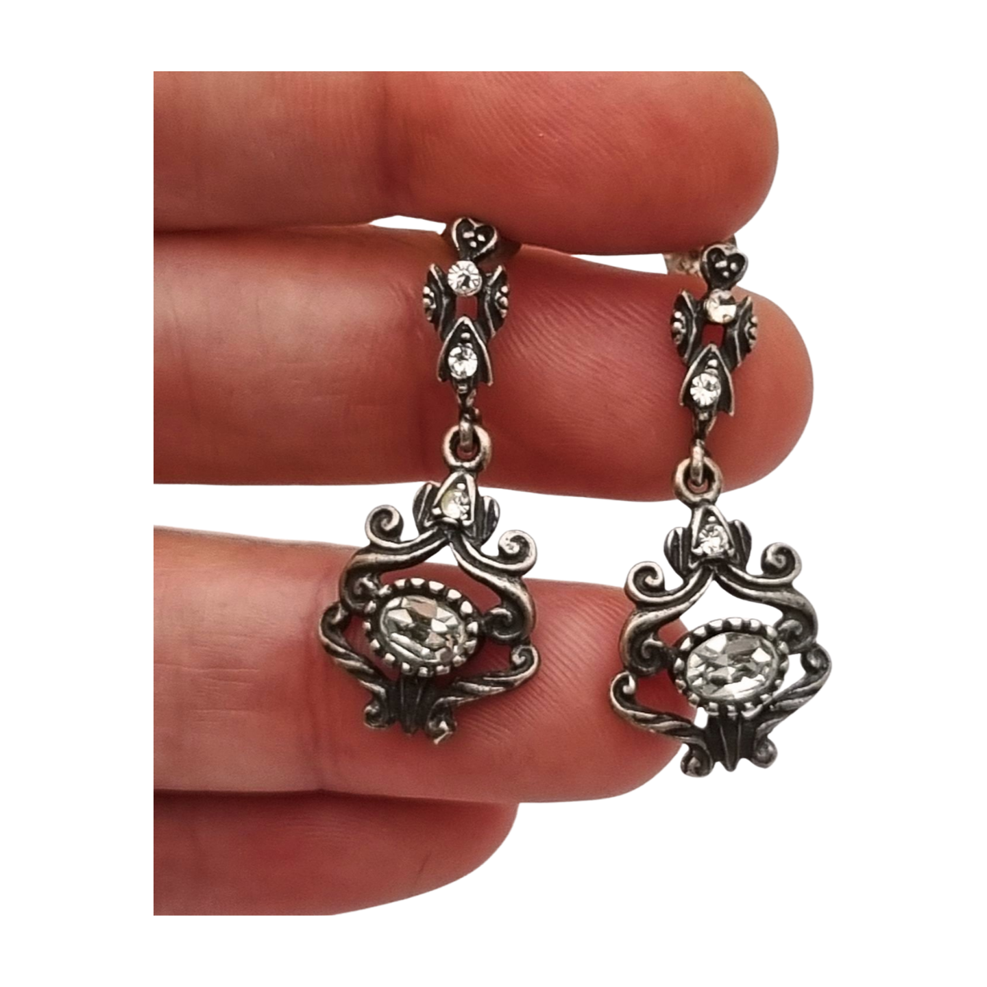 Pendientes de plata con pedrería blanca regionales, estilo barroco revival años 70