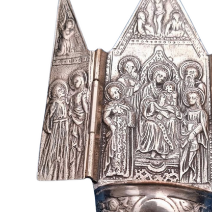 Antique 800 silver holy water font, religious triptych, Europe, circa 1950.