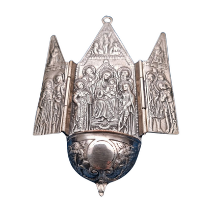 Antique 800 silver holy water font, religious triptych, Europe, circa 1950.