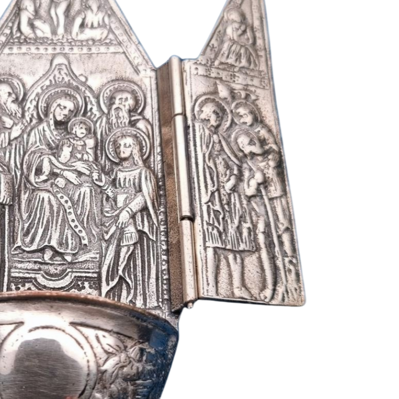 Antique 800 silver holy water font, religious triptych, Europe, circa 1950.