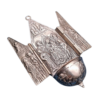 Antique 800 silver holy water font, religious triptych, Europe, circa 1950.