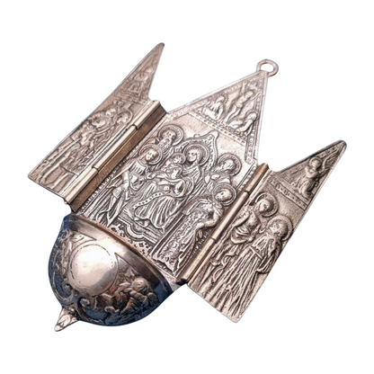 Antique 800 silver holy water font, religious triptych, Europe, circa 1950.