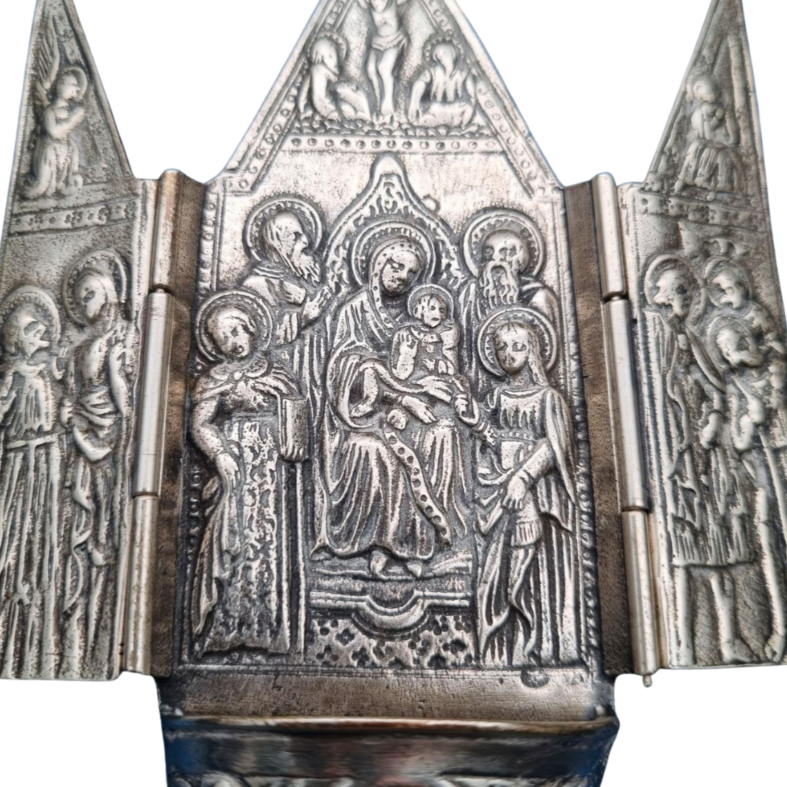Antique 800 silver holy water font, religious triptych, Europe, circa 1950.