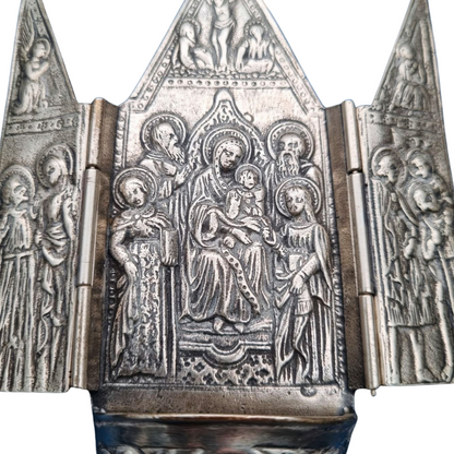 Antique 800 silver holy water font, religious triptych, Europe, circa 1950.
