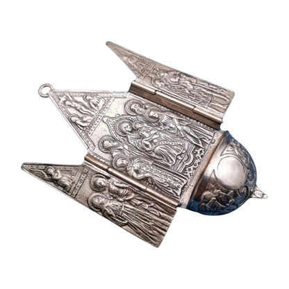 Antique 800 silver holy water font, religious triptych, Europe, circa 1950.