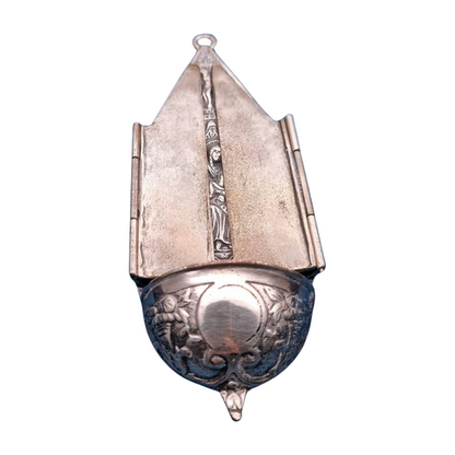 Antique 800 silver holy water font, religious triptych, Europe, circa 1950.