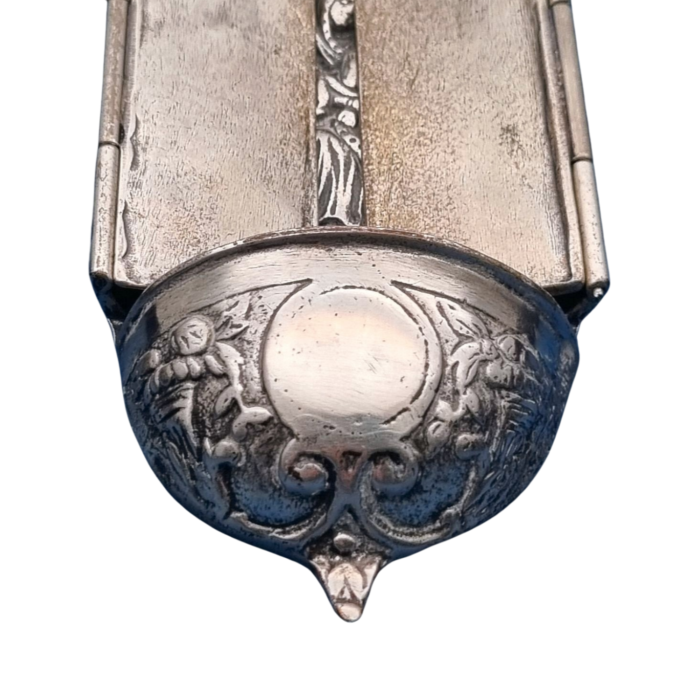 Antique 800 silver holy water font, religious triptych, Europe, circa 1950.