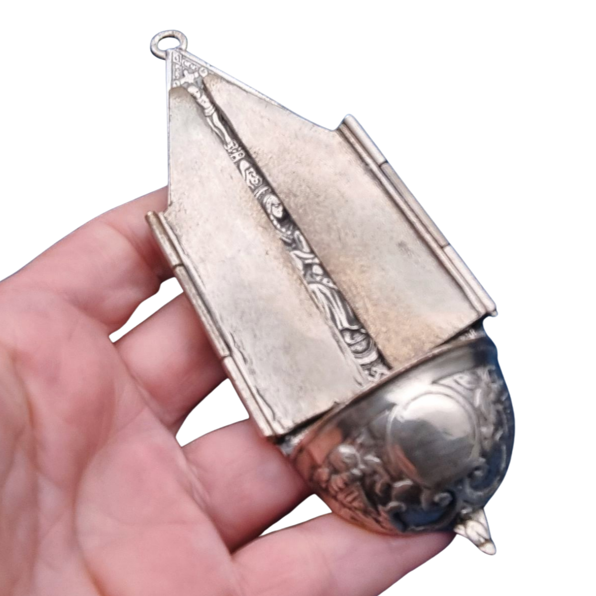 Antique 800 silver holy water font, religious triptych, Europe, circa 1950.