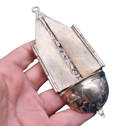 Antique 800 silver holy water font, religious triptych, Europe, circa 1950.