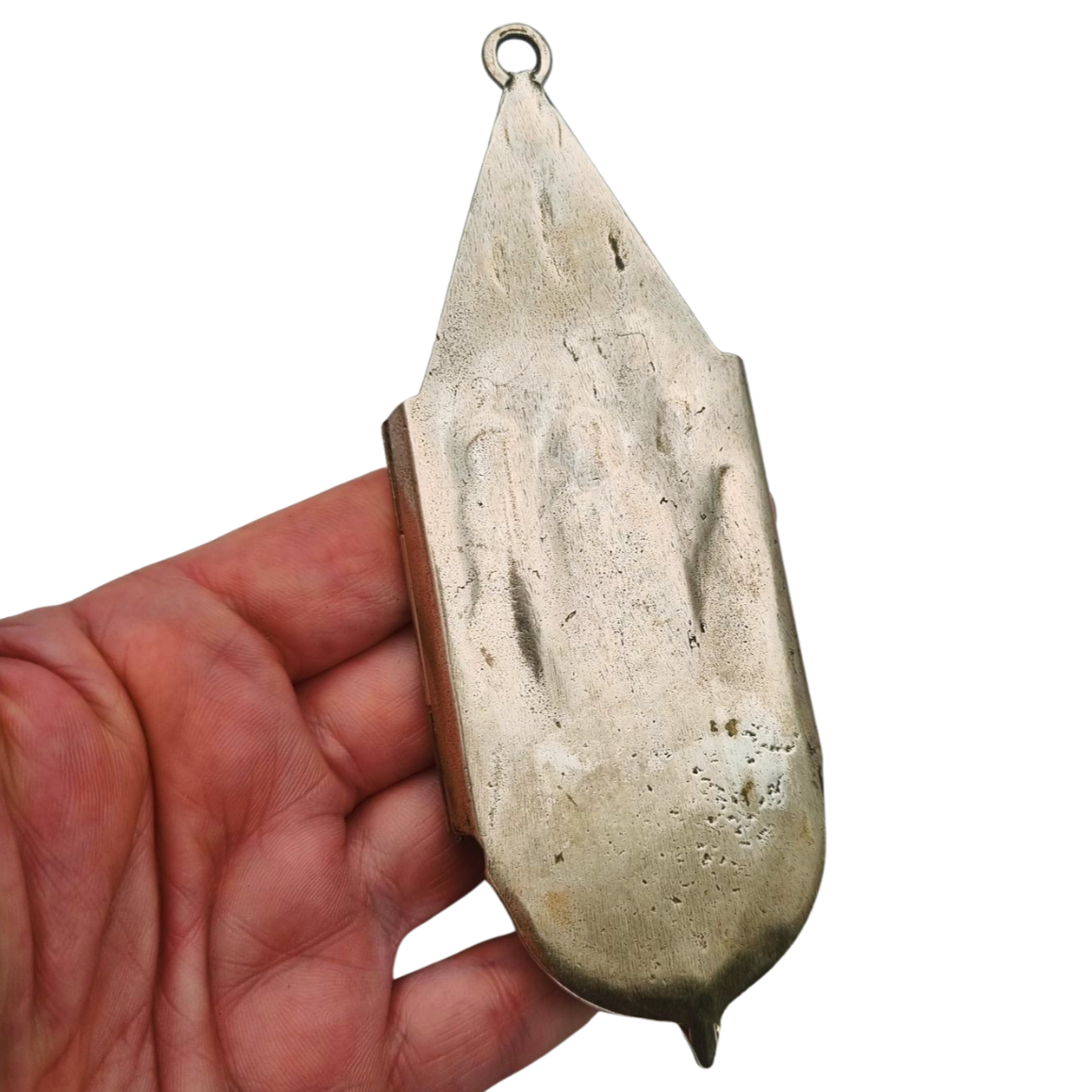 Antique 800 silver holy water font, religious triptych, Europe, circa 1950.