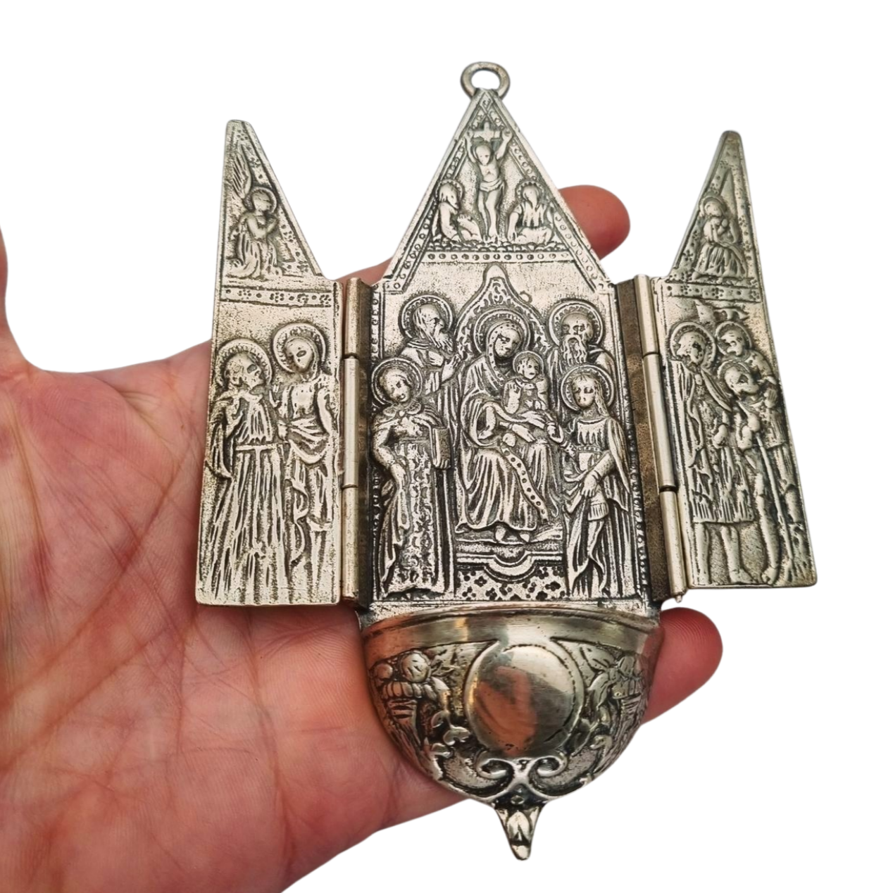 Antique 800 silver holy water font, religious triptych, Europe, circa 1950.