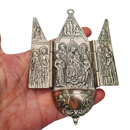 Antique 800 silver holy water font, religious triptych, Europe, circa 1950.