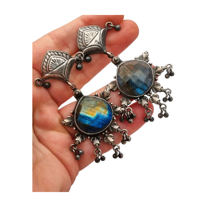 Pendientes étnicos de plata 925 con labradorita de estilo boho, circa 1980-90