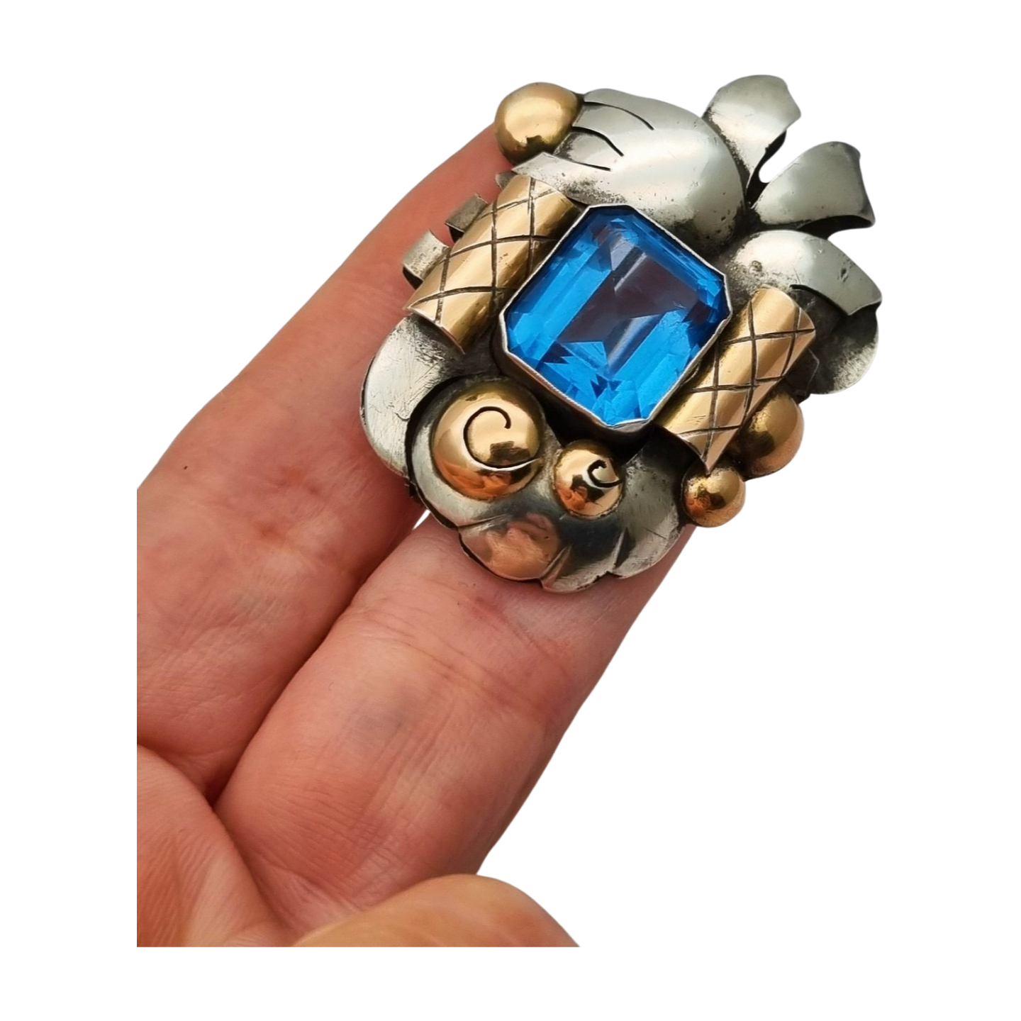 Broche Art Déco  Catalán en plata con vistas de oro y simil aguamarina, circa 1930-1940