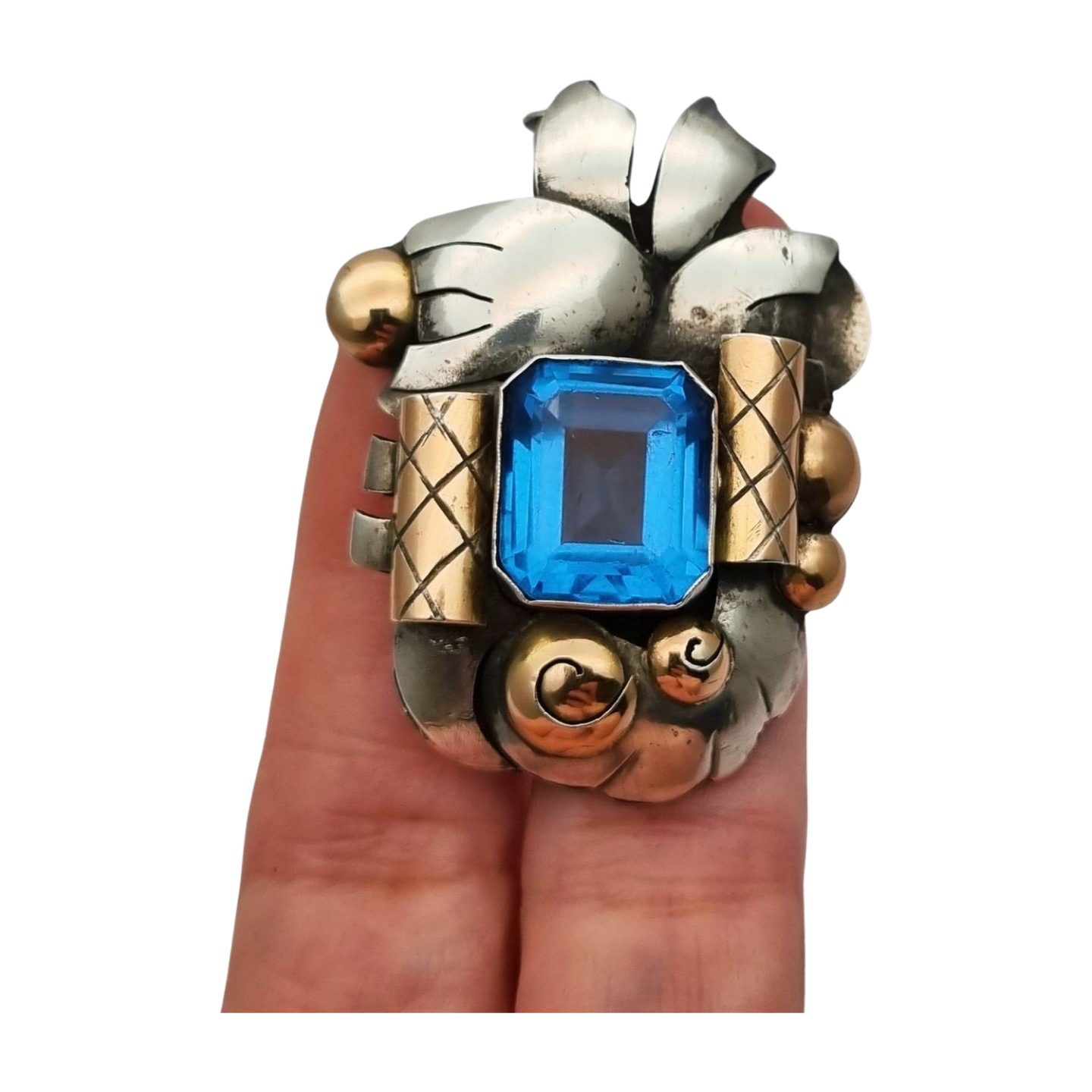 Broche Art Déco  Catalán en plata con vistas de oro y simil aguamarina, circa 1930-1940