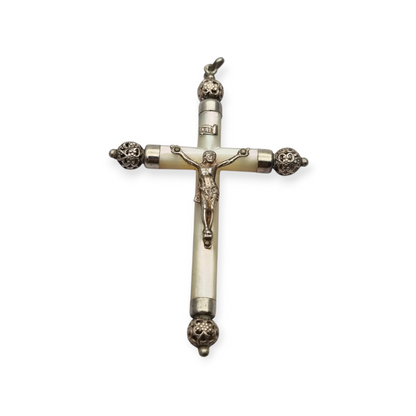 Religious mother-of-pearl and silver hanging cross with Christ, Europe circa 1930-40