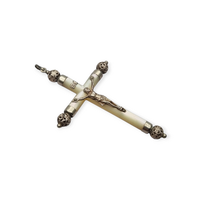 Religious mother-of-pearl and silver hanging cross with Christ, Europe circa 1930-40