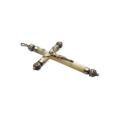 Religious mother-of-pearl and silver hanging cross with Christ, Europe circa 1930-40