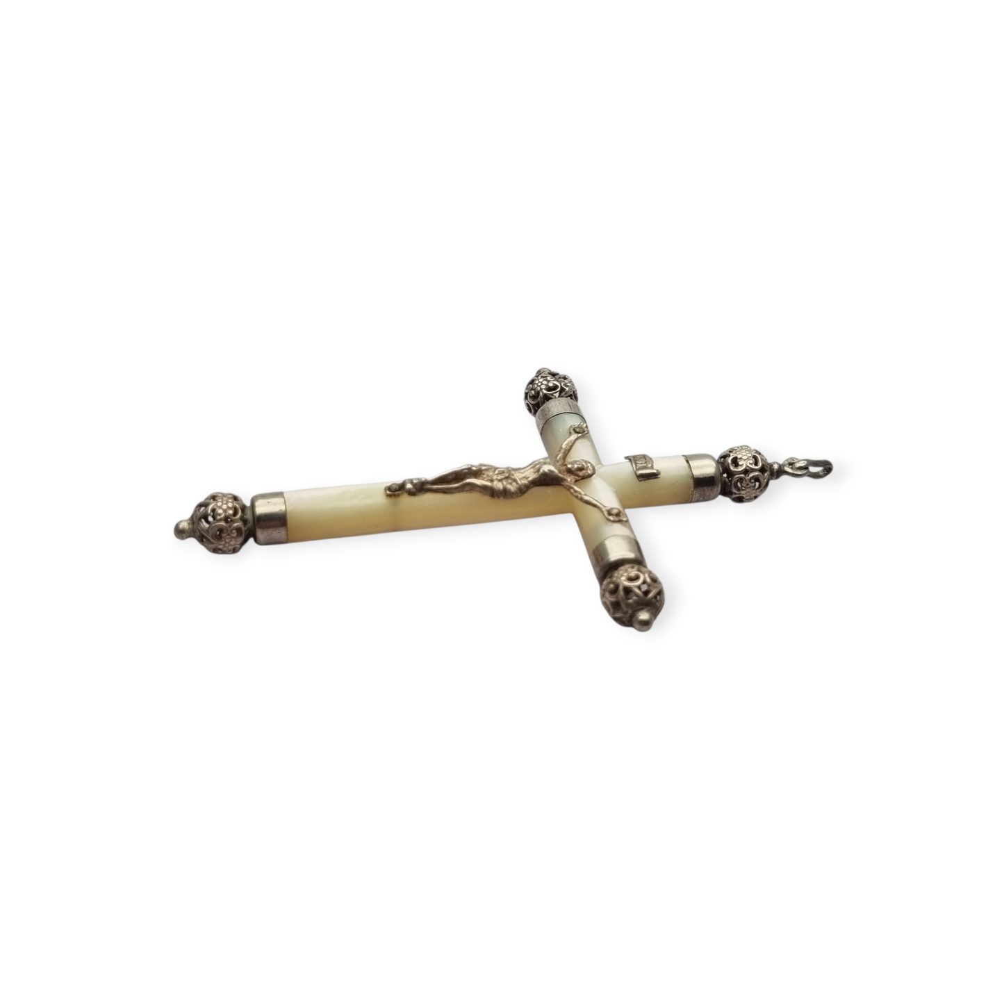 Religious mother-of-pearl and silver hanging cross with Christ, Europe circa 1930-40