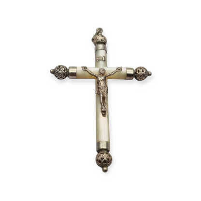 Religious mother-of-pearl and silver hanging cross with Christ, Europe circa 1930-40