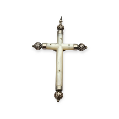 Religious mother-of-pearl and silver hanging cross with Christ, Europe circa 1930-40