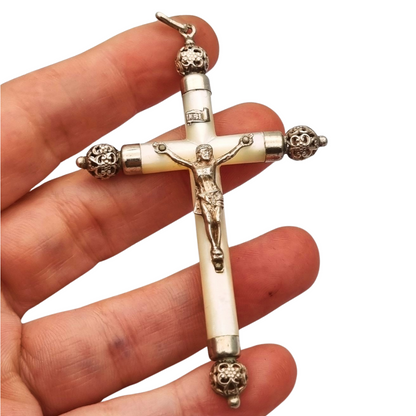 Religious mother-of-pearl and silver hanging cross with Christ, Europe circa 1930-40