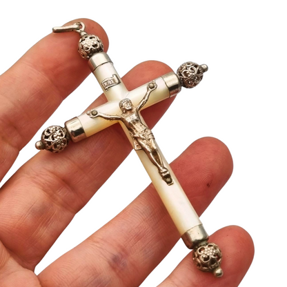 Religious mother-of-pearl and silver hanging cross with Christ, Europe circa 1930-40
