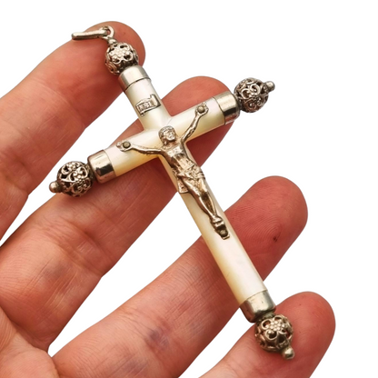 Religious mother-of-pearl and silver hanging cross with Christ, Europe circa 1930-40