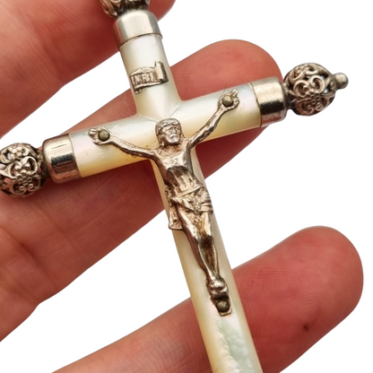 Religious mother-of-pearl and silver hanging cross with Christ, Europe circa 1930-40