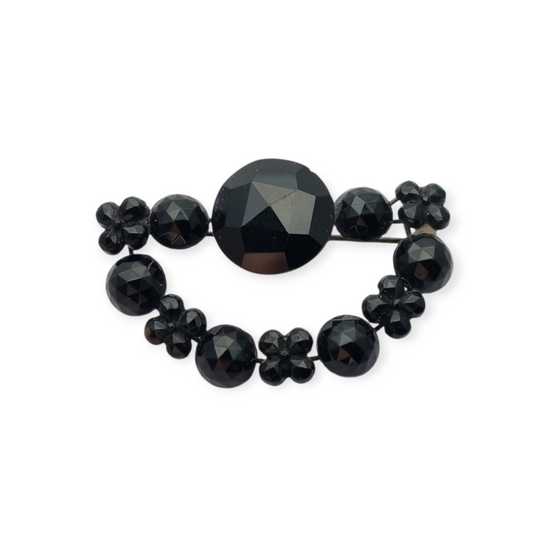 Broche victoriano en forma de media luna, joyería de luto en cristal negro, Francia 1890-1910