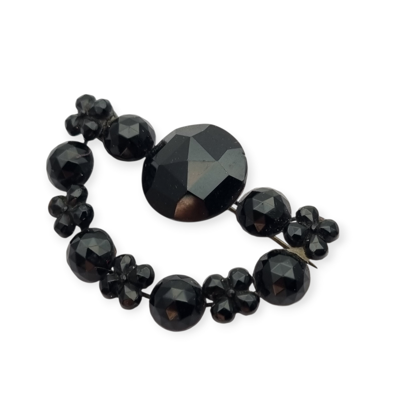 Broche victoriano en forma de media luna, joyería de luto en cristal negro, Francia 1890-1910