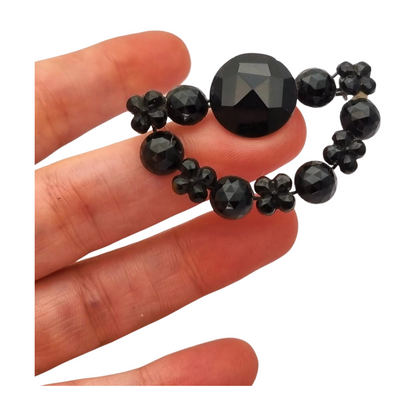 Broche victoriano en forma de media luna, joyería de luto en cristal negro, Francia 1890-1910