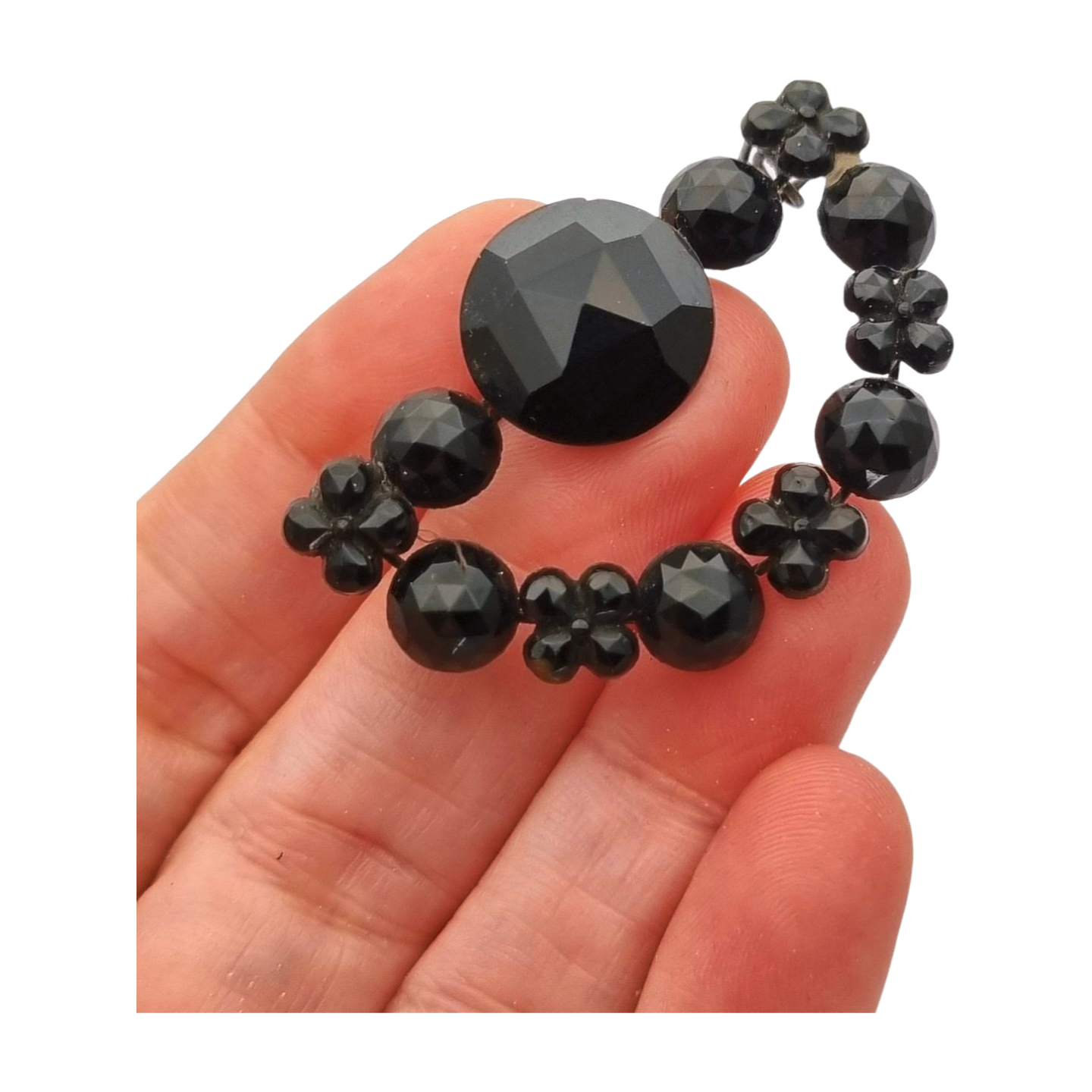 Broche victoriano en forma de media luna, joyería de luto en cristal negro, Francia 1890-1910