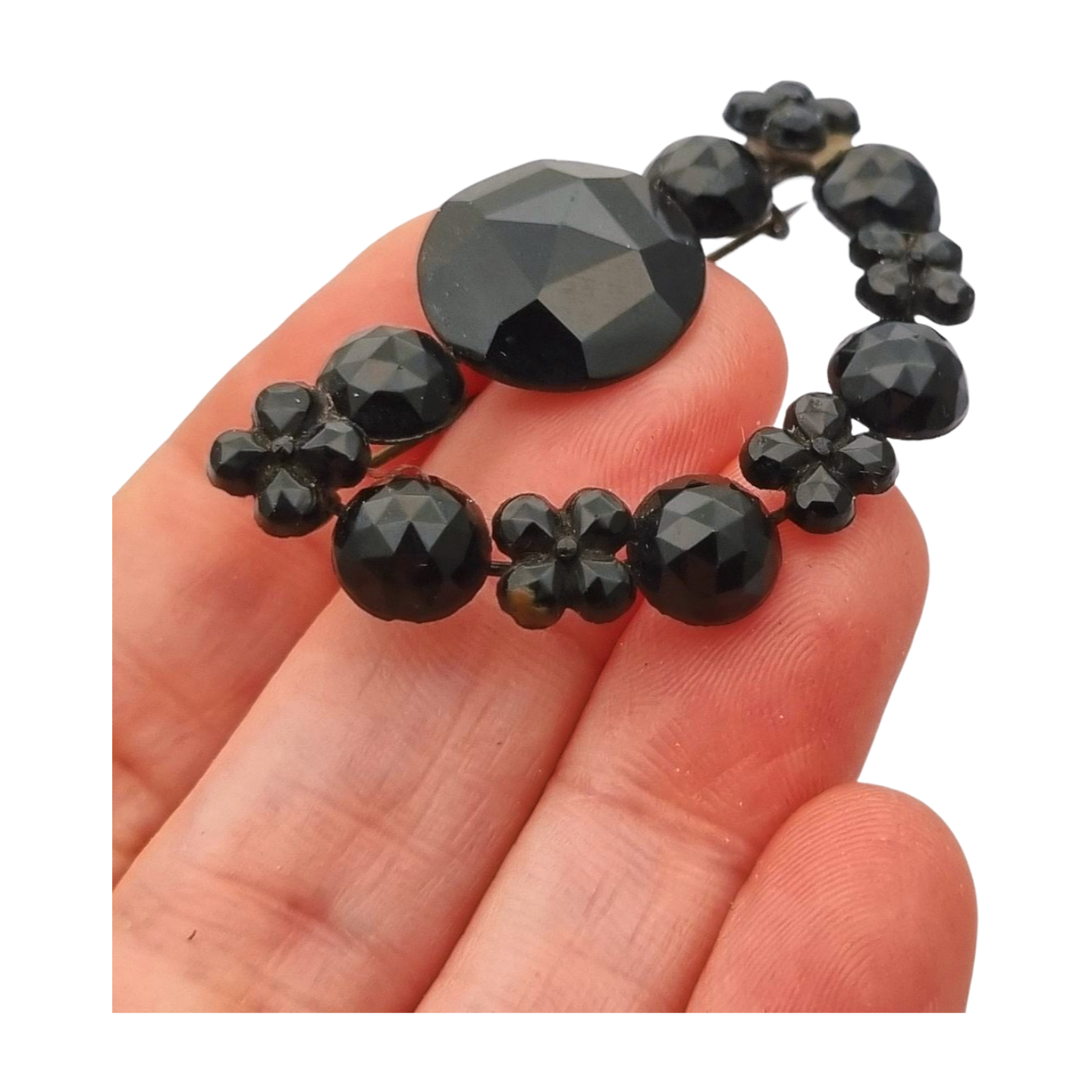 Broche victoriano en forma de media luna, joyería de luto en cristal negro, Francia 1890-1910