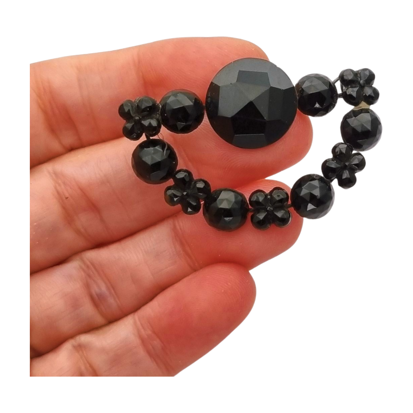 Broche victoriano en forma de media luna, joyería de luto en cristal negro, Francia 1890-1910