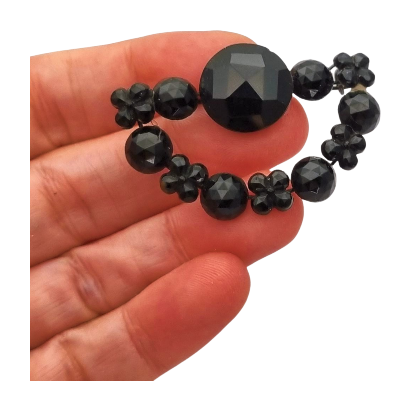 Broche victoriano en forma de media luna, joyería de luto en cristal negro, Francia 1890-1910