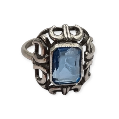 Art Deco style ring, .835 silver with rectangular blue stone, Europe circa 1960-70