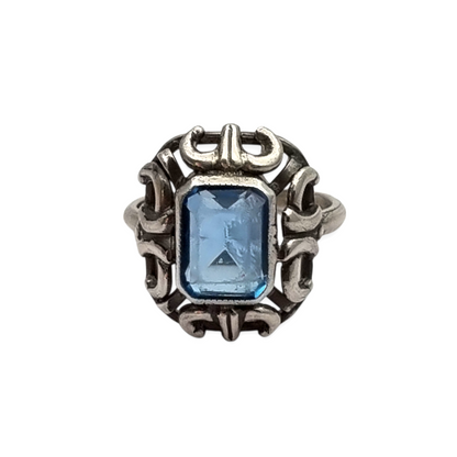 Art Deco style ring, .835 silver with rectangular blue stone, Europe circa 1960-70