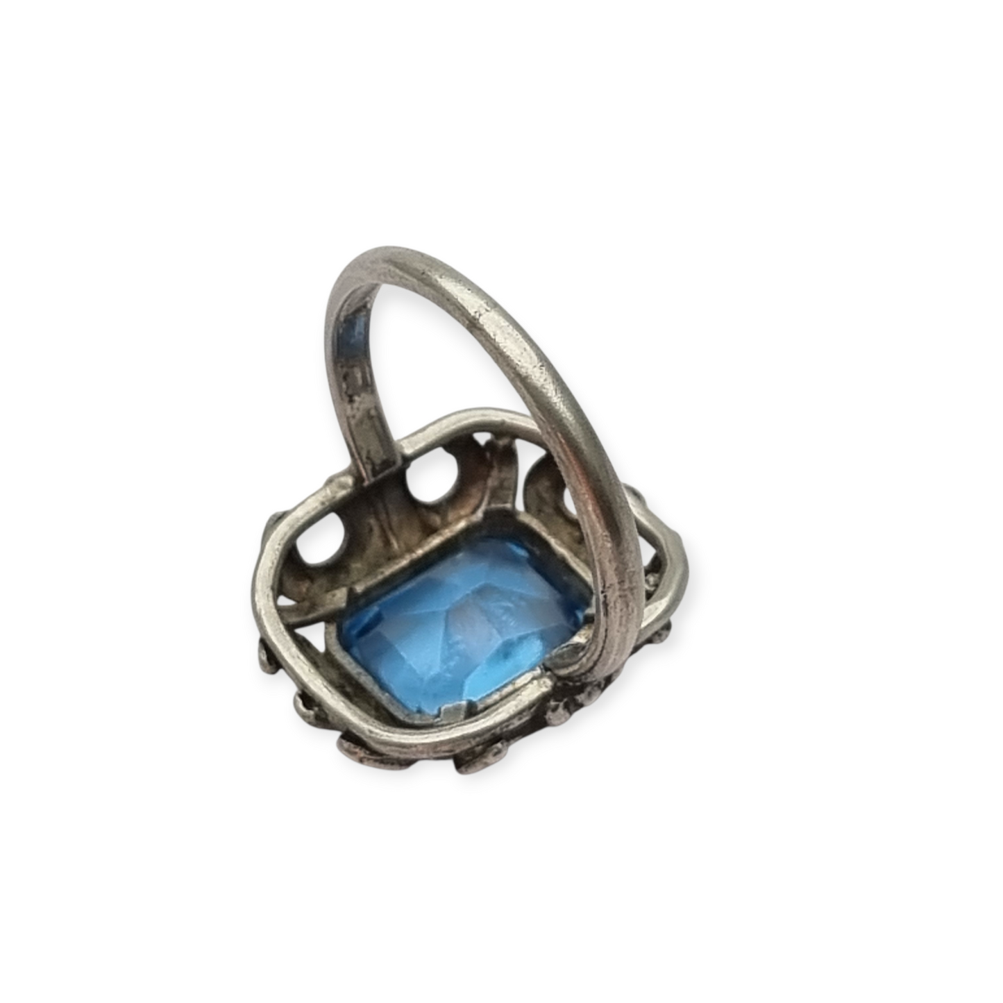 Art Deco style ring, .835 silver with rectangular blue stone, Europe circa 1960-70