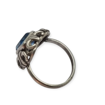 Art Deco style ring, .835 silver with rectangular blue stone, Europe circa 1960-70