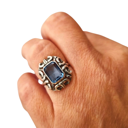Art Deco style ring, .835 silver with rectangular blue stone, Europe circa 1960-70