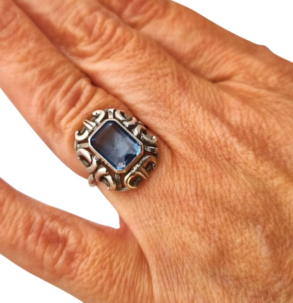 Art Deco style ring, .835 silver with rectangular blue stone, Europe circa 1960-70