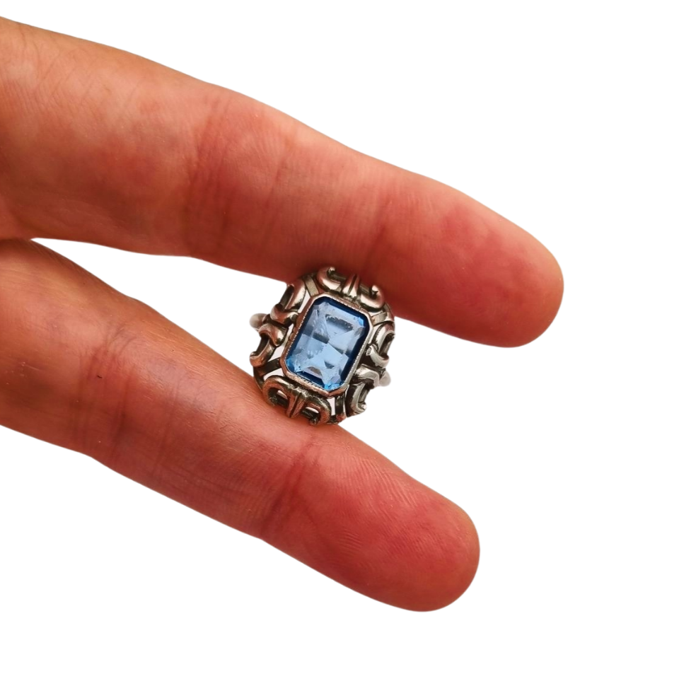 Art Deco style ring, .835 silver with rectangular blue stone, Europe circa 1960-70