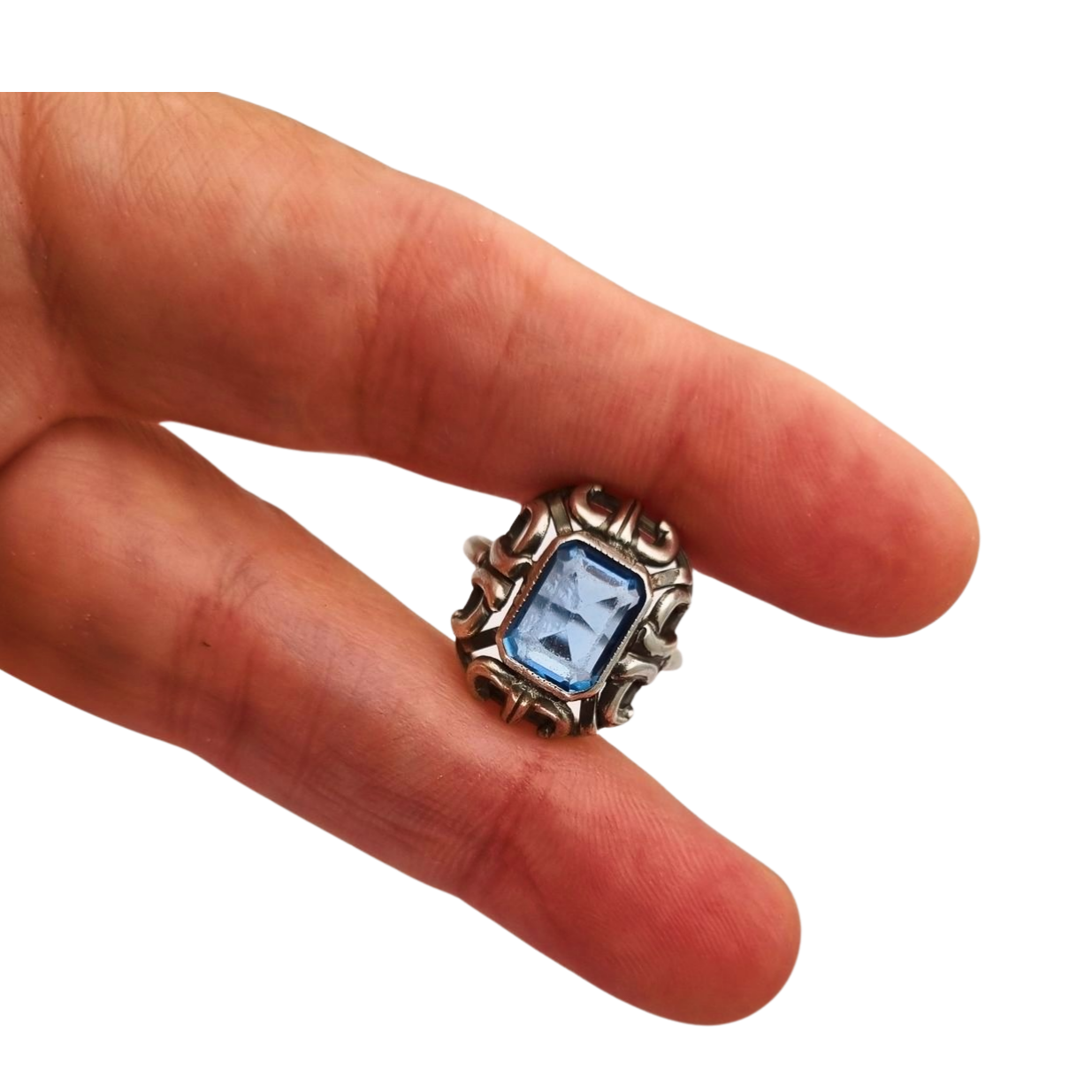 Art Deco style ring, .835 silver with rectangular blue stone, Europe circa 1960-70