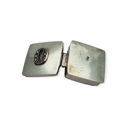 925 silver pill box with letter O decorated with marcasites, circa 1980