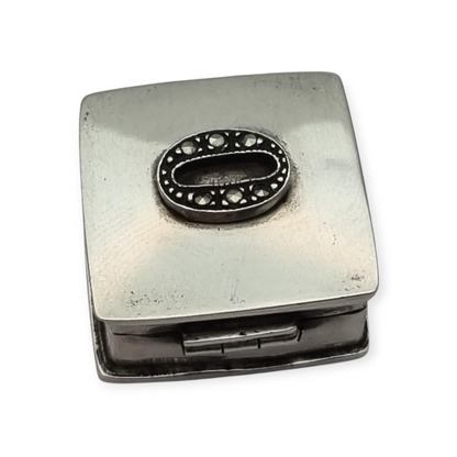 925 silver pill box with letter O decorated with marcasites, circa 1980