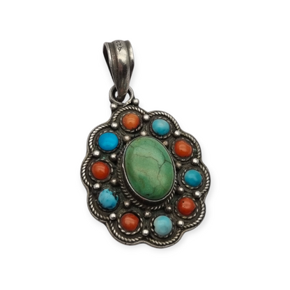 Colgante boho étnico en plata 925 con piedras de colores circa 1970