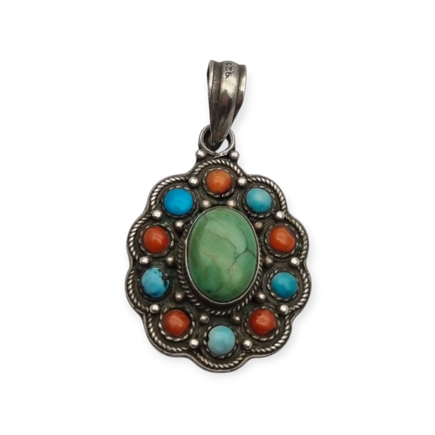 Colgante boho étnico en plata 925 con piedras de colores circa 1970